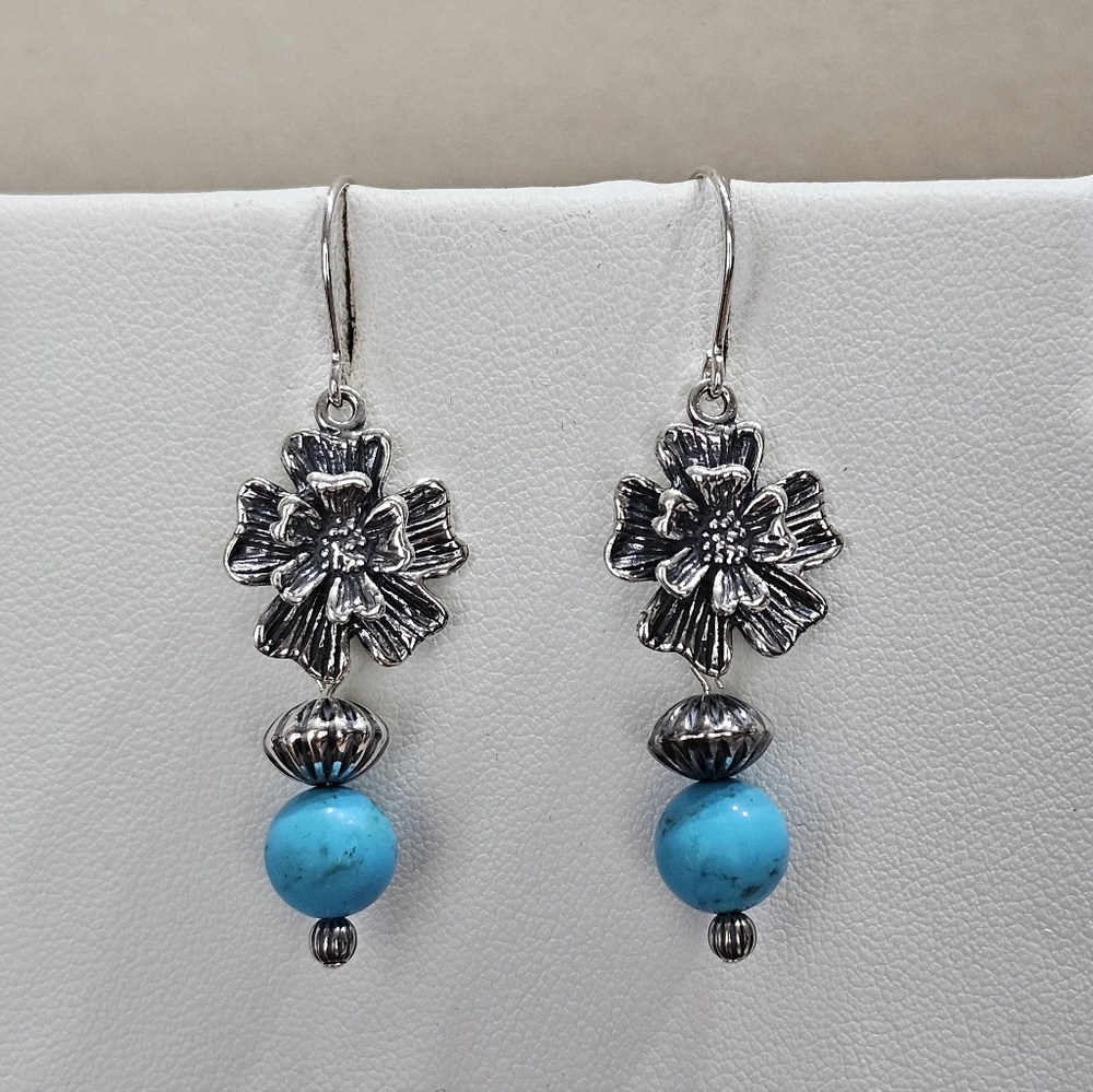 Southwestern Flower Dangle Earrings Oxidized 925 Silver and Howlite Beads